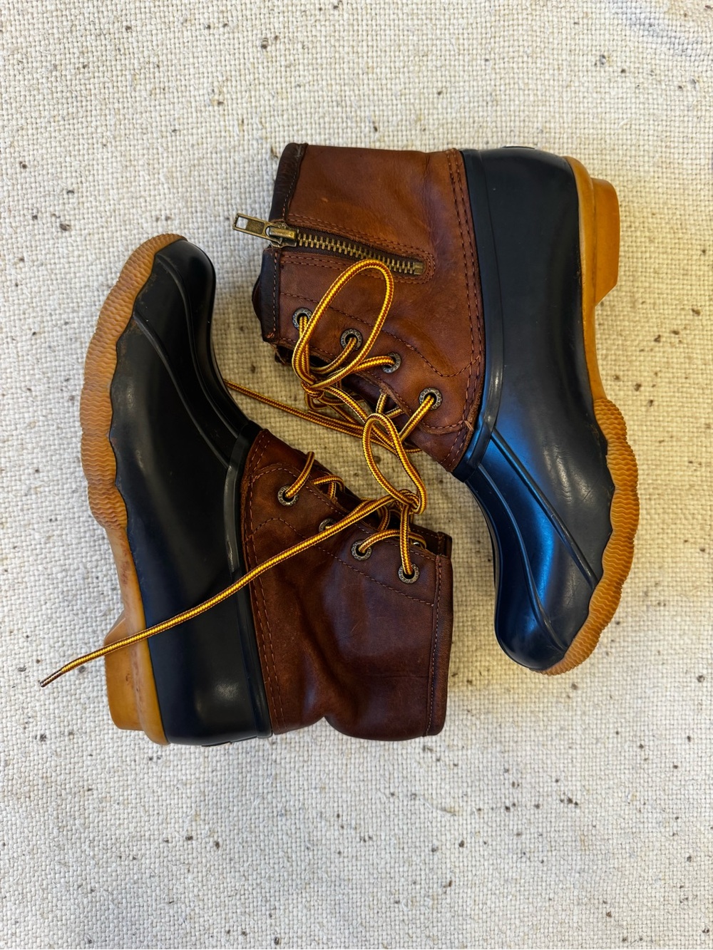 Sperry Saltwater Duck Boots Women’s 5.5 Brown Leather Navy Waterproof Rain Boots
